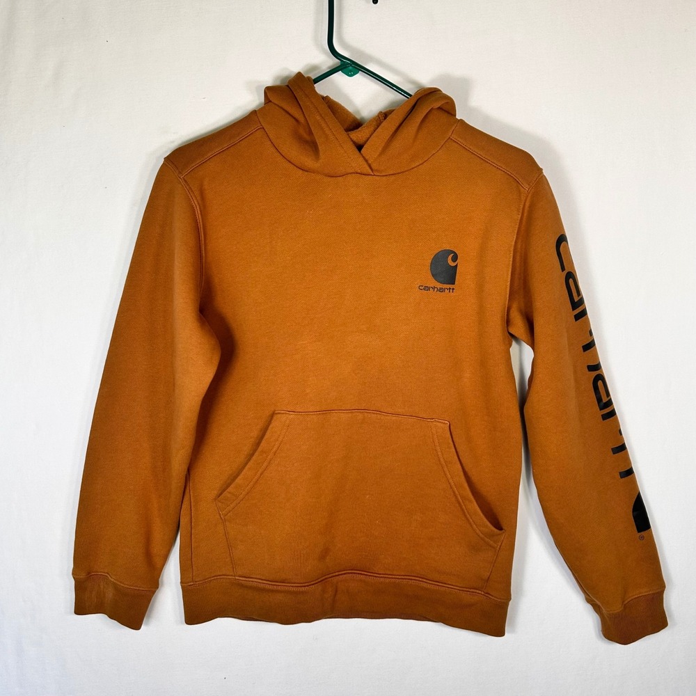 Carhartt Boys Brown Logo Sleeve Graphic Fleece Hoodie Sweatshirt Size L 14-16
